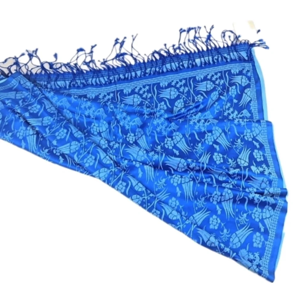 Turkish Silk Blue Print Tassle Trim Scarf, 70
